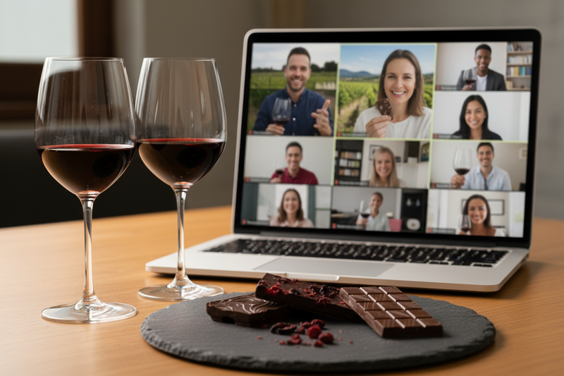 all partciapants have versatile faces and experessions on screen and are in squares each also wine glasses w more dark color and three lucurious chocolate bars on plate with two speakers on screen a virtual winemaker and corporate wellness speicalist