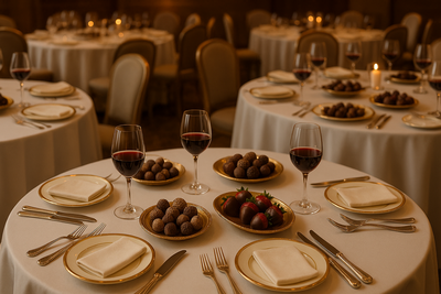 event without people just beautiful tables placesettings wine chocolate