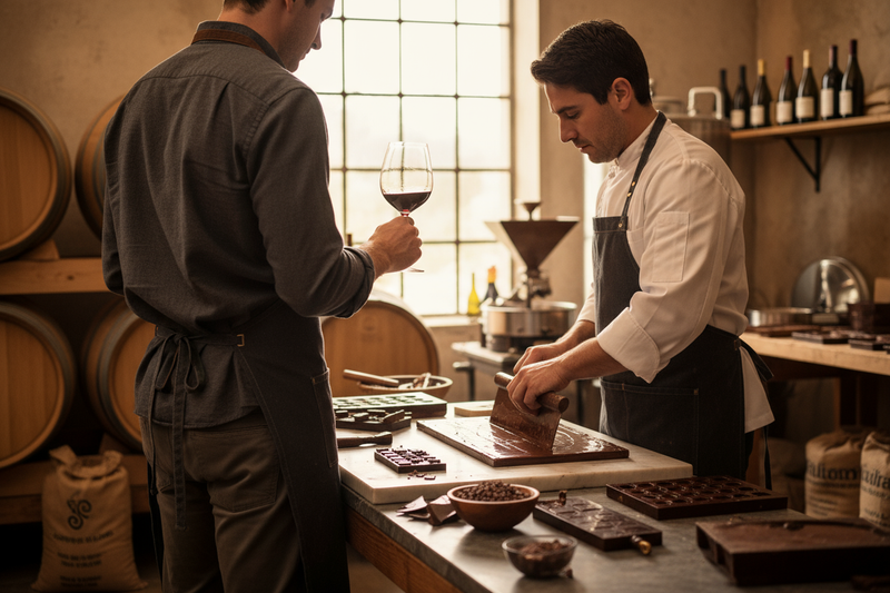photo of winemaker and chocolatier together no face