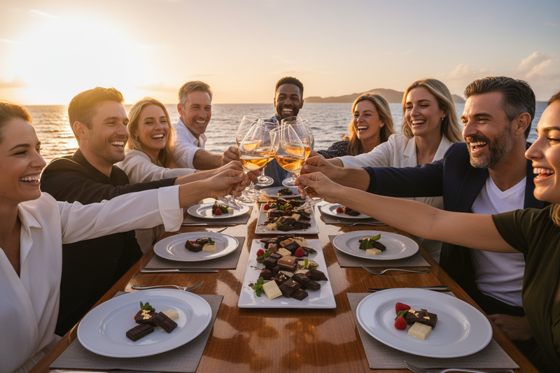 they toast together as a team their wine glasses and the chocolate squares are plates on the tab;e